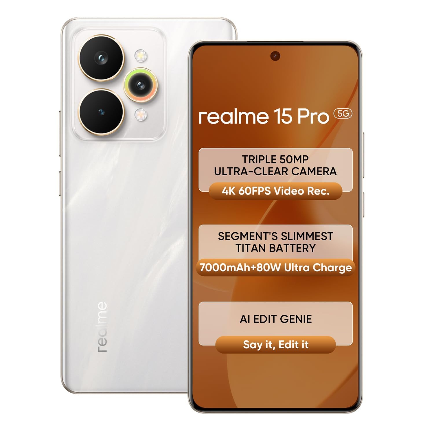 Realme 15 Pro 5G Smartphone 12+512GB Silver,4K 60FPS,144Hz HyperGlow 4D Curve Display,7000mAh Battery,80W SuperVOOC, Camera Triple 50MP, Snapdragon 7 Gen 4, IP69
